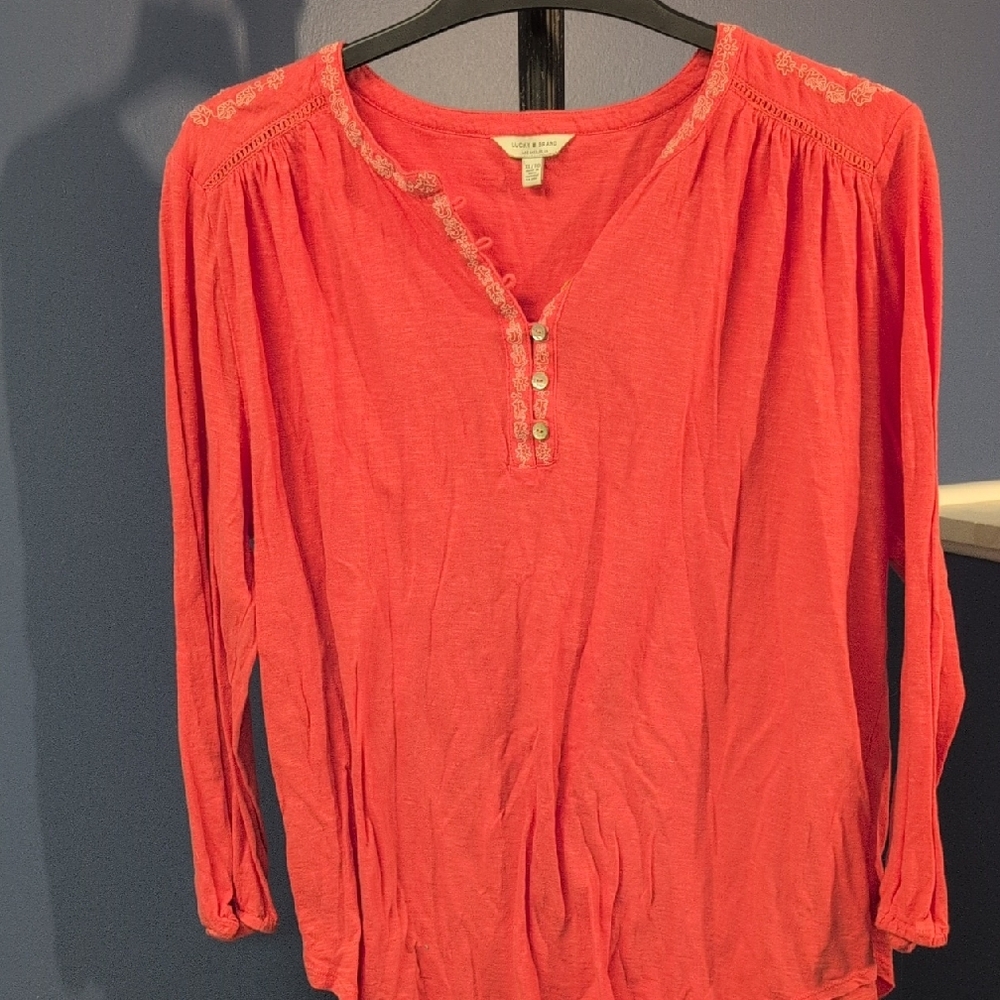 Elegant Coral Blouse with Embroidered Accents